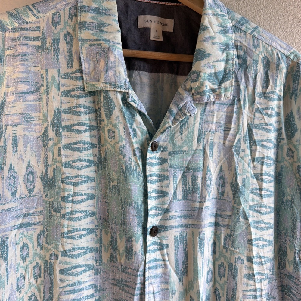 Sun + Stone Mens Abstract Ikat Geometric Print Short Sleeve Rayon Shirt L Large